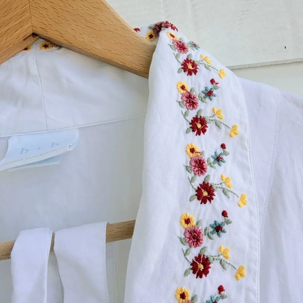 Pottery Barn Bed Bath Y2K Floral Embroidered Cotton Robe Women’s Small
